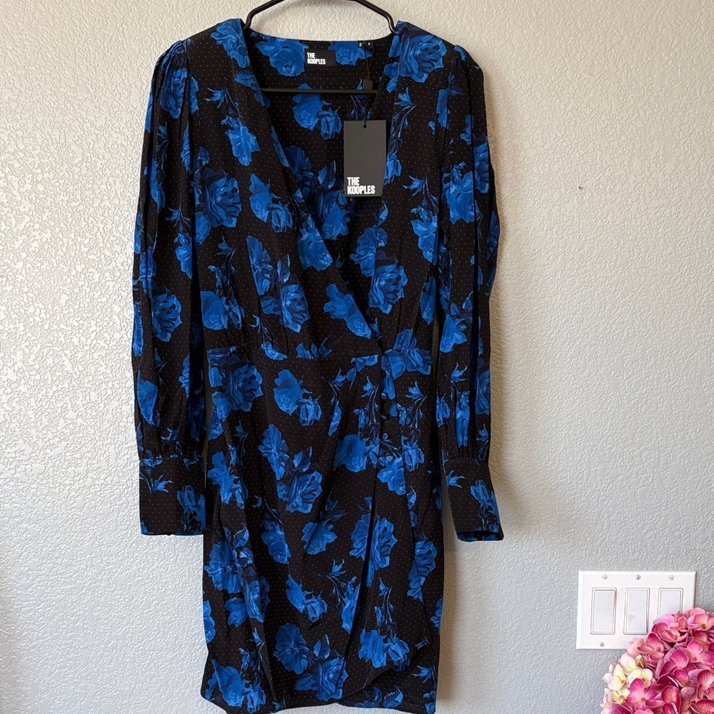 The Kooples Black and Blue Floral Silk Long Sleeve Dress